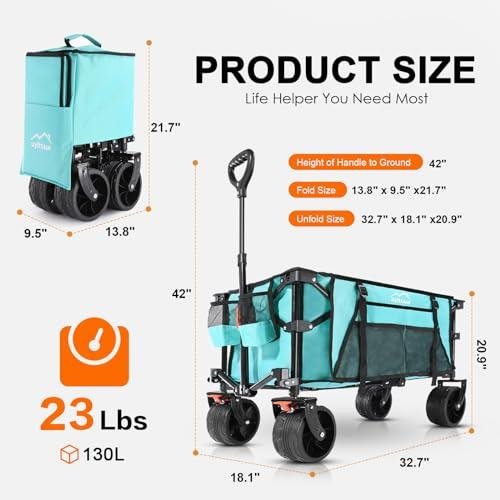         Collapsible Folding Wagon Cart Heavy Duty Foldable, Beach Wagon with Big Wheels for Sand, Utility Grocery Wagon with Side Pocket and Brakes for Camping Sports Outdoor Activities, Light Blue       