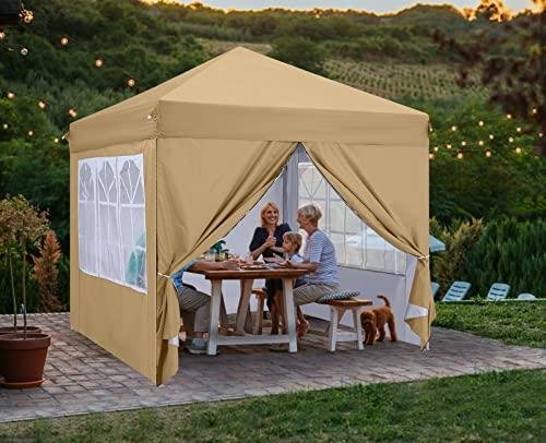         COOSHADE 8x8 Ft Pop up Canopy Tent Enclosed Instant Folding Canopy Shelter with Elegant Church Window Outdoor Pavilion Cater Party Wedding BBQ Events Tent(Beige)       