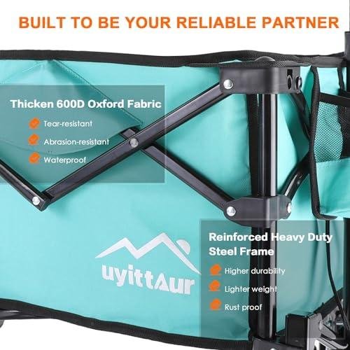         Collapsible Folding Wagon Cart Heavy Duty Foldable, Beach Wagon with Big Wheels for Sand, Utility Grocery Wagon with Side Pocket and Brakes for Camping Sports Outdoor Activities, Light Blue       