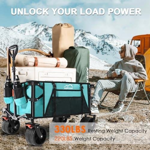         Collapsible Folding Wagon Cart Heavy Duty Foldable, Beach Wagon with Big Wheels for Sand, Utility Grocery Wagon with Side Pocket and Brakes for Camping Sports Outdoor Activities, Light Blue       