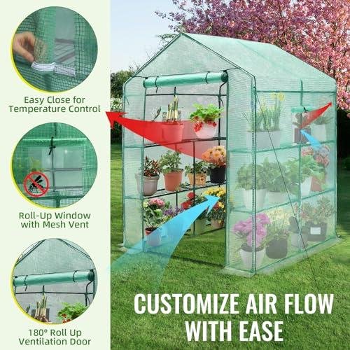         Greengro Greenhouse, 56 x 56 x 75'' Greenhouses for Outdoors, Durable Green House Kit with Window, Thicken PE Cover, 3 Tiers 8 Shelves, Heavy Duty Walk in Green Houses for Indoor Backyard Outside       