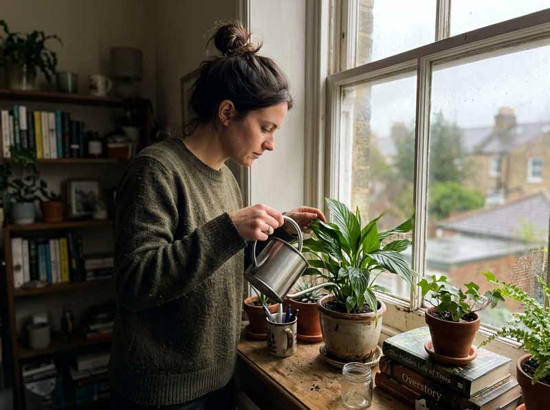 Candid photo of a person watering a peace lily near a small window with limited light, natural soft daylight, slightly cluttered windowsill in the background, shot on iPhone, realistic and unpolished, not posed, natural shadows